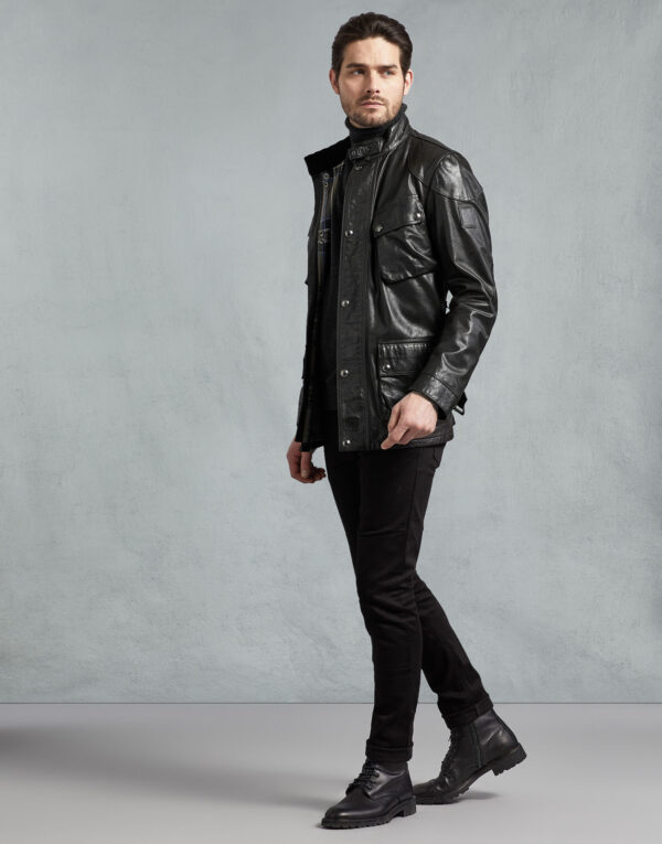 Black Forge men's black motorcycle leather jacket - front