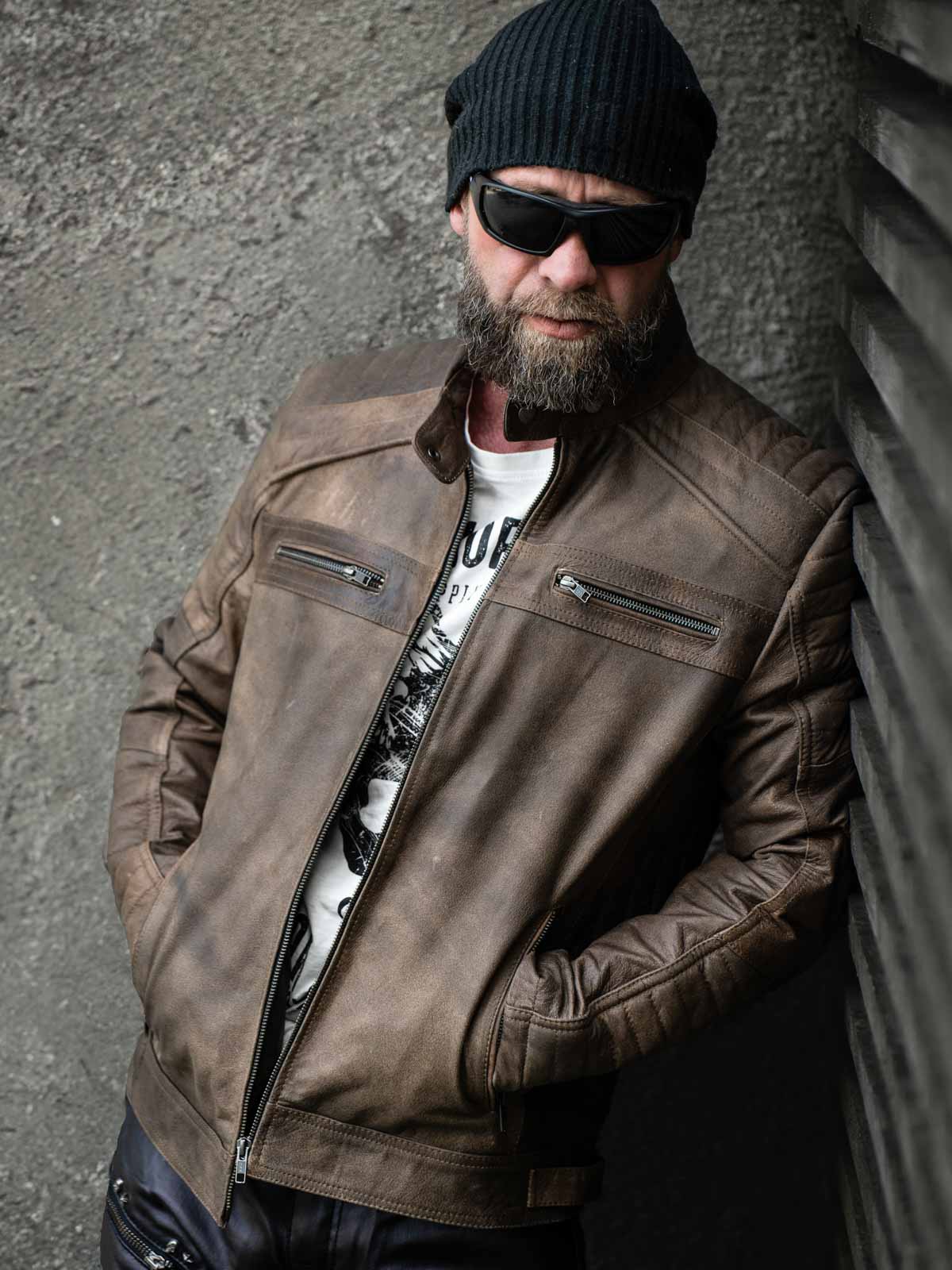 Men's brown biker leather jacket - RustTale