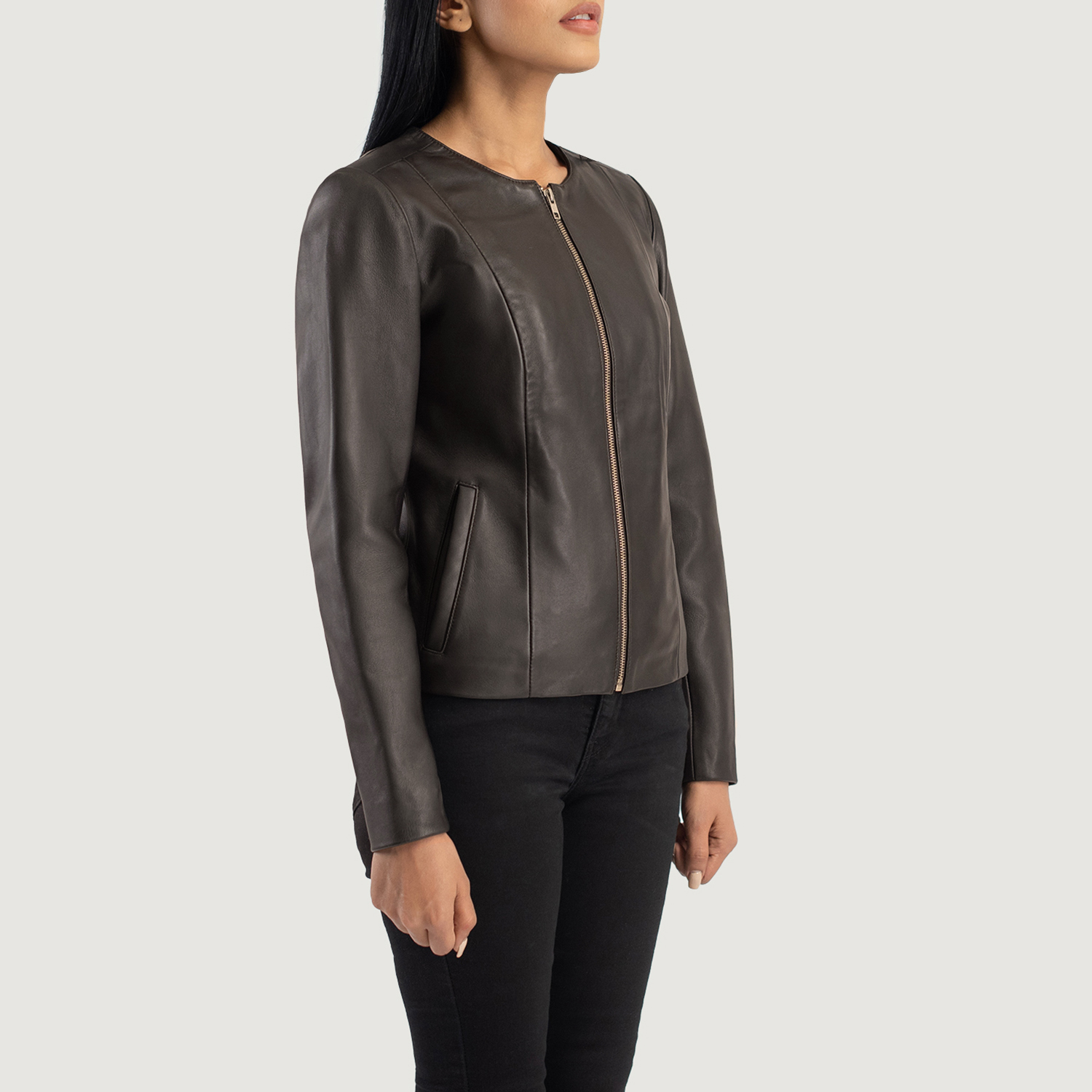 Women's brown collarless leather jacket - RustTale